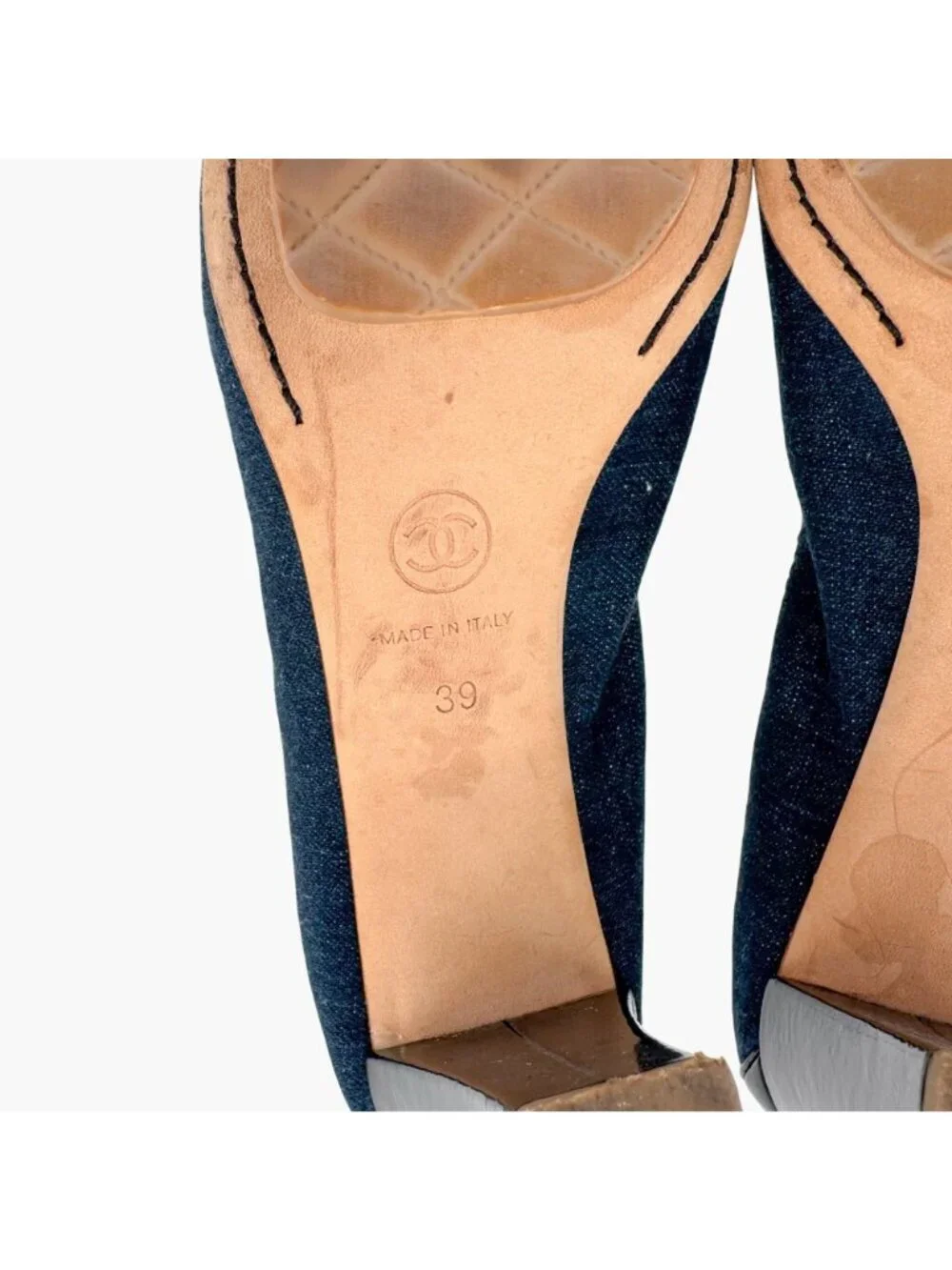 Chanel Elastic CC Logo Blue Denim Pumps High Heels Size 39 US 8-8.5 Women